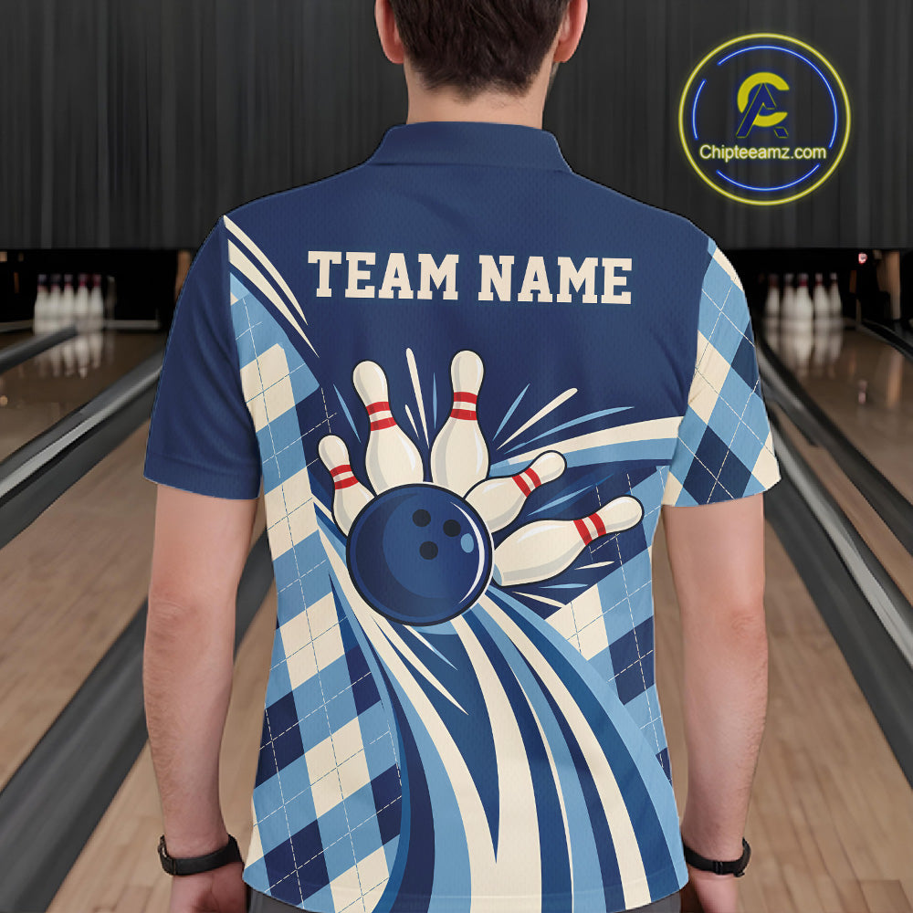 Custom Blue Argyle Pattern Retro Bowling Men Polo Shirt, Bowling Team League Shirt IPHW12370