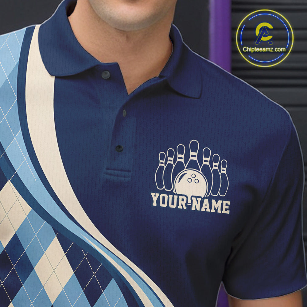 Custom Blue Argyle Pattern Retro Bowling Men Polo Shirt, Bowling Team League Shirt IPHW12370