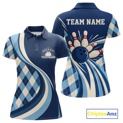 Custom Blue Argyle Pattern Retro Bowling Women Polo Shirt, Bowling Team League Shirt IPHW12370