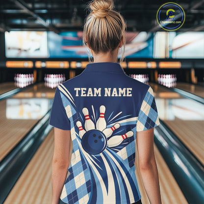 Custom Blue Argyle Pattern Retro Bowling Women Polo Shirt, Bowling Team League Shirt IPHW12370