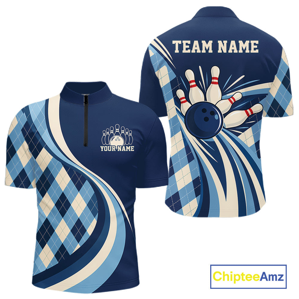 Custom Blue Argyle Pattern Retro Bowling Men Quarter Zip Shirt, Bowling Team League Shirt IPHW12370