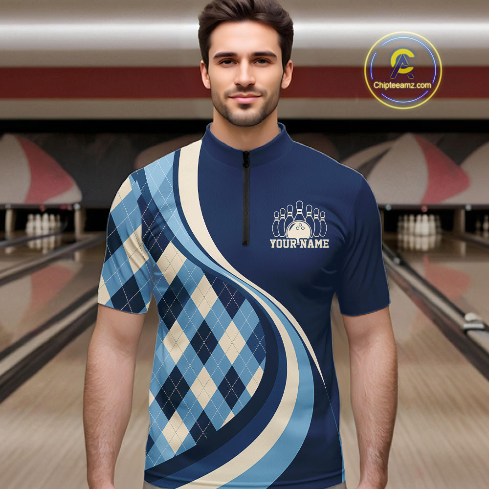 Custom Blue Argyle Pattern Retro Bowling Men Quarter Zip Shirt, Bowling Team League Shirt IPHW12370