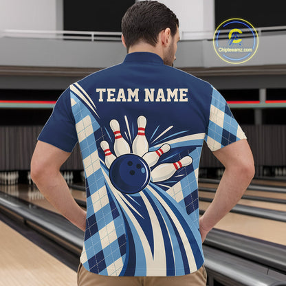 Custom Blue Argyle Pattern Retro Bowling Men Quarter Zip Shirt, Bowling Team League Shirt IPHW12370