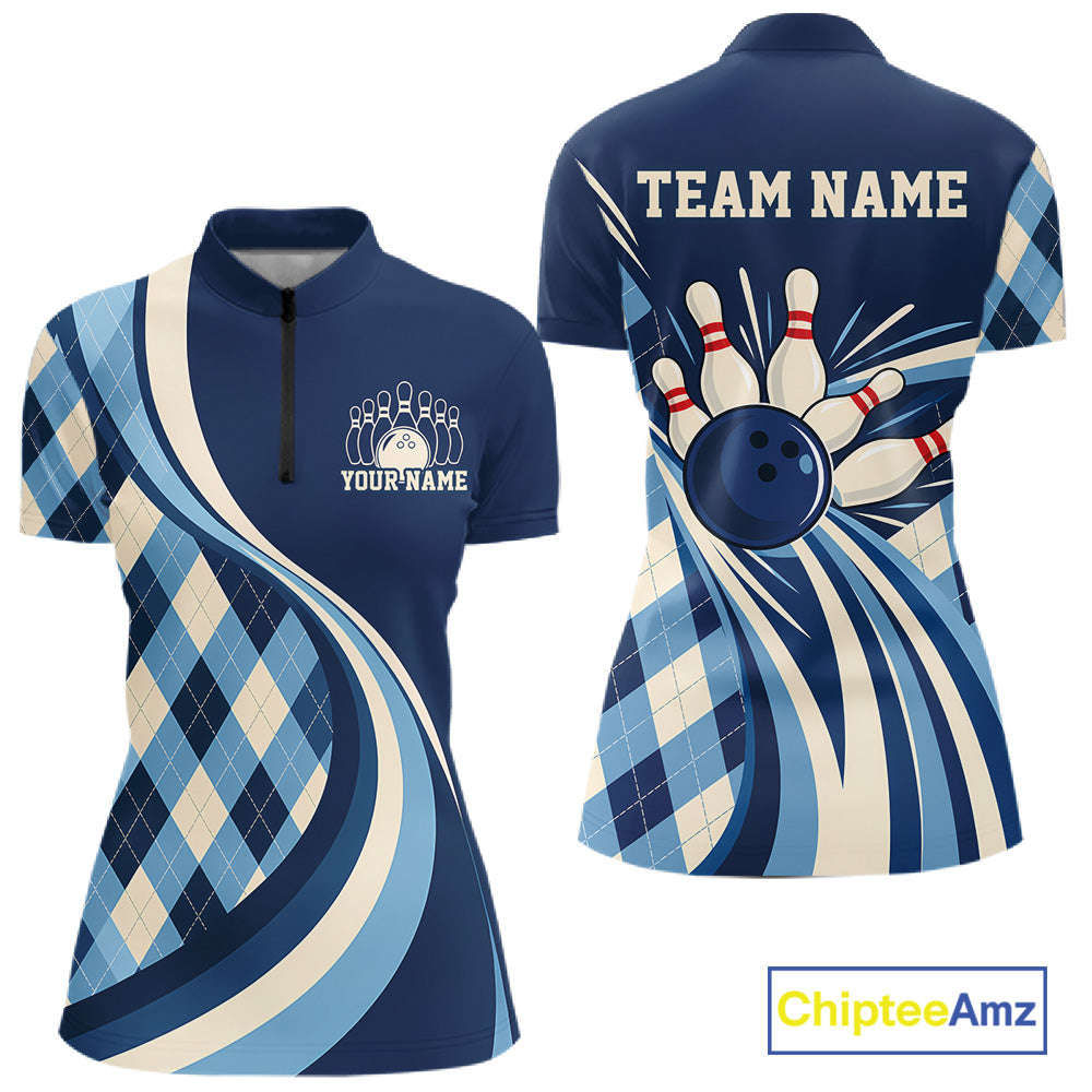 Custom Blue Argyle Pattern Retro Bowling Women Quarter-Zip Shirt, Bowling League Shirt IPHW12370
