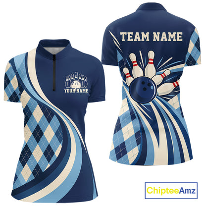 Custom Blue Argyle Pattern Retro Bowling Women Quarter-Zip Shirt, Bowling League Shirt IPHW12370