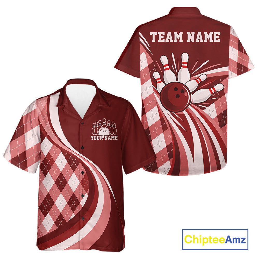 Custom Red Argyle Pattern Retro Bowling Men And Women Button Up Shirt, Bowling Team League Shirt IPHW12371
