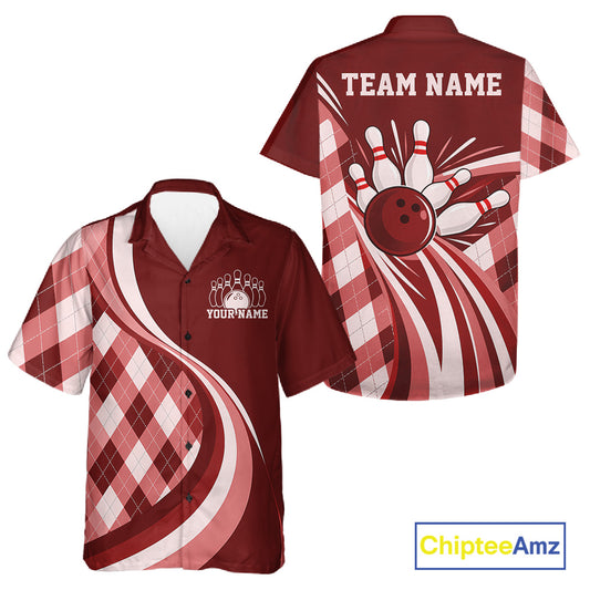 Custom Red Argyle Pattern Retro Bowling Men And Women Button Up Shirt, Bowling Team League Shirt IPHW12371