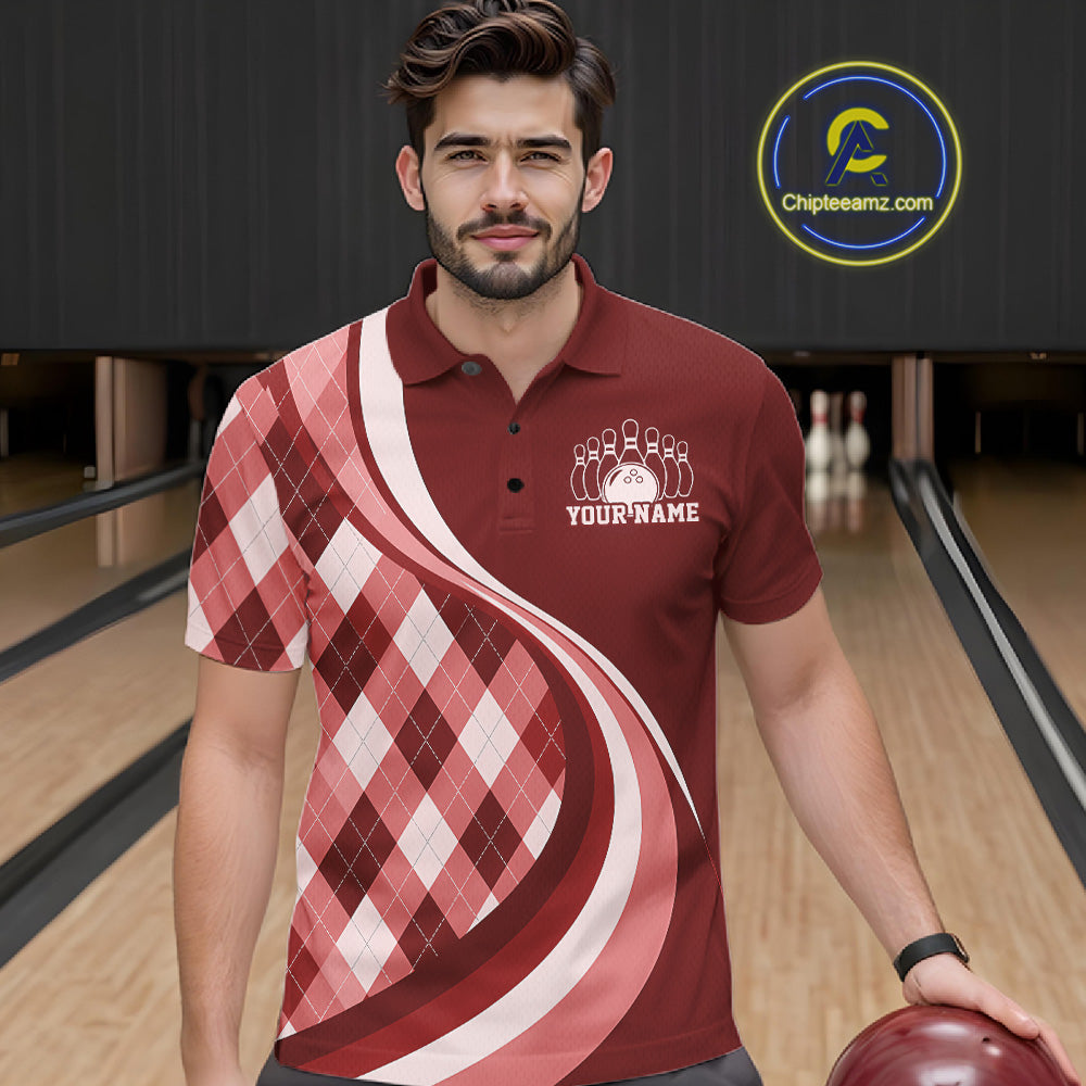 Custom Red Argyle Pattern Retro Bowling Men Polo Shirt, Bowling Team League Shirt IPHW12371