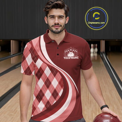 Custom Red Argyle Pattern Retro Bowling Men Polo Shirt, Bowling Team League Shirt IPHW12371