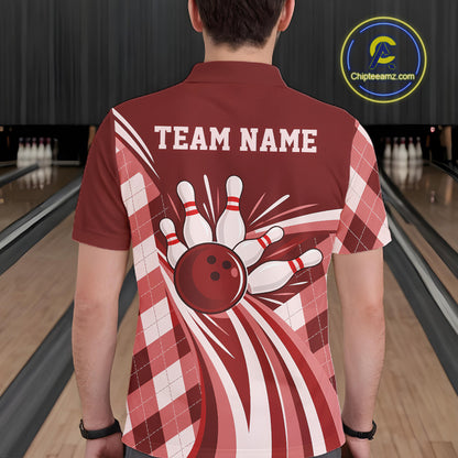 Custom Red Argyle Pattern Retro Bowling Men Polo Shirt, Bowling Team League Shirt IPHW12371