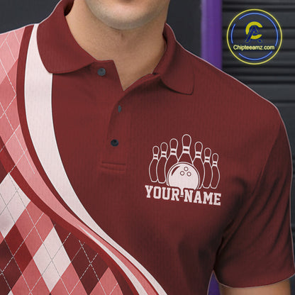 Custom Red Argyle Pattern Retro Bowling Men Polo Shirt, Bowling Team League Shirt IPHW12371