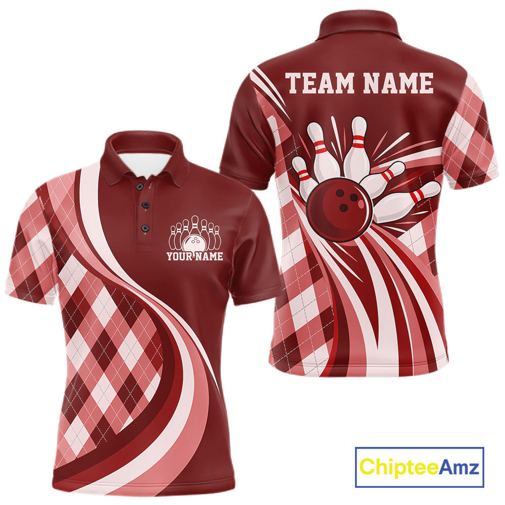 Custom Red Argyle Pattern Retro Bowling Women Polo Shirt, Bowling Team League Shirt IPHW12371