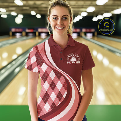 Custom Red Argyle Pattern Retro Bowling Women Polo Shirt, Bowling Team League Shirt IPHW12371