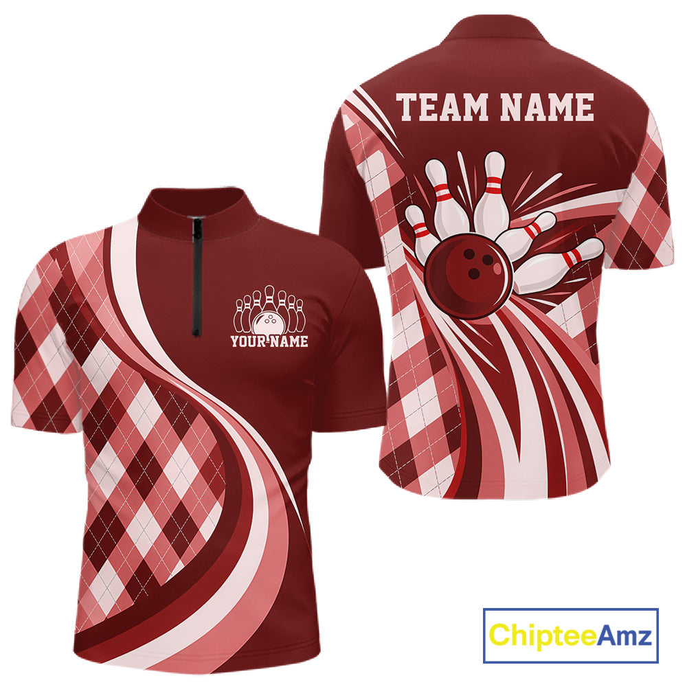 Custom Red Argyle Pattern Retro Bowling Men Quarter Zip Shirt, Bowling Team League Shirt IPHW12371