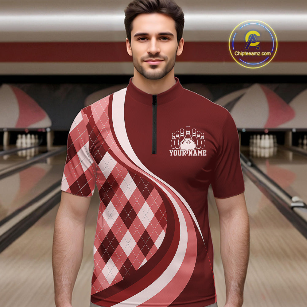 Custom Red Argyle Pattern Retro Bowling Men Quarter Zip Shirt, Bowling Team League Shirt IPHW12371