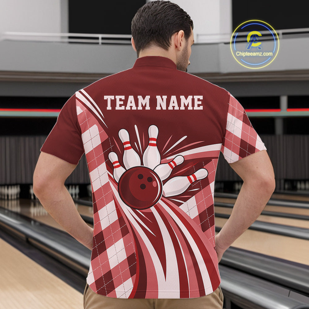 Custom Red Argyle Pattern Retro Bowling Men Quarter Zip Shirt, Bowling Team League Shirt IPHW12371