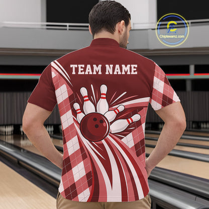 Custom Red Argyle Pattern Retro Bowling Men Quarter Zip Shirt, Bowling Team League Shirt IPHW12371