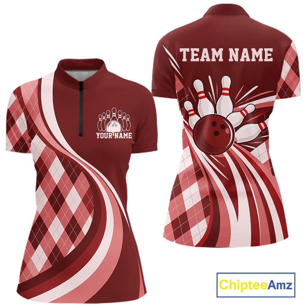Custom Red Argyle Pattern Retro Bowling Women Quarter-Zip Shirt, Bowling League Shirt IPHW12371