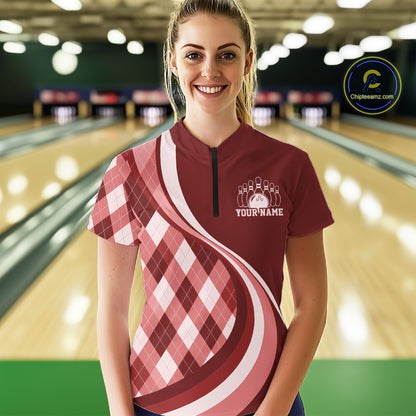 Custom Red Argyle Pattern Retro Bowling Women Quarter-Zip Shirt, Bowling League Shirt IPHW12371