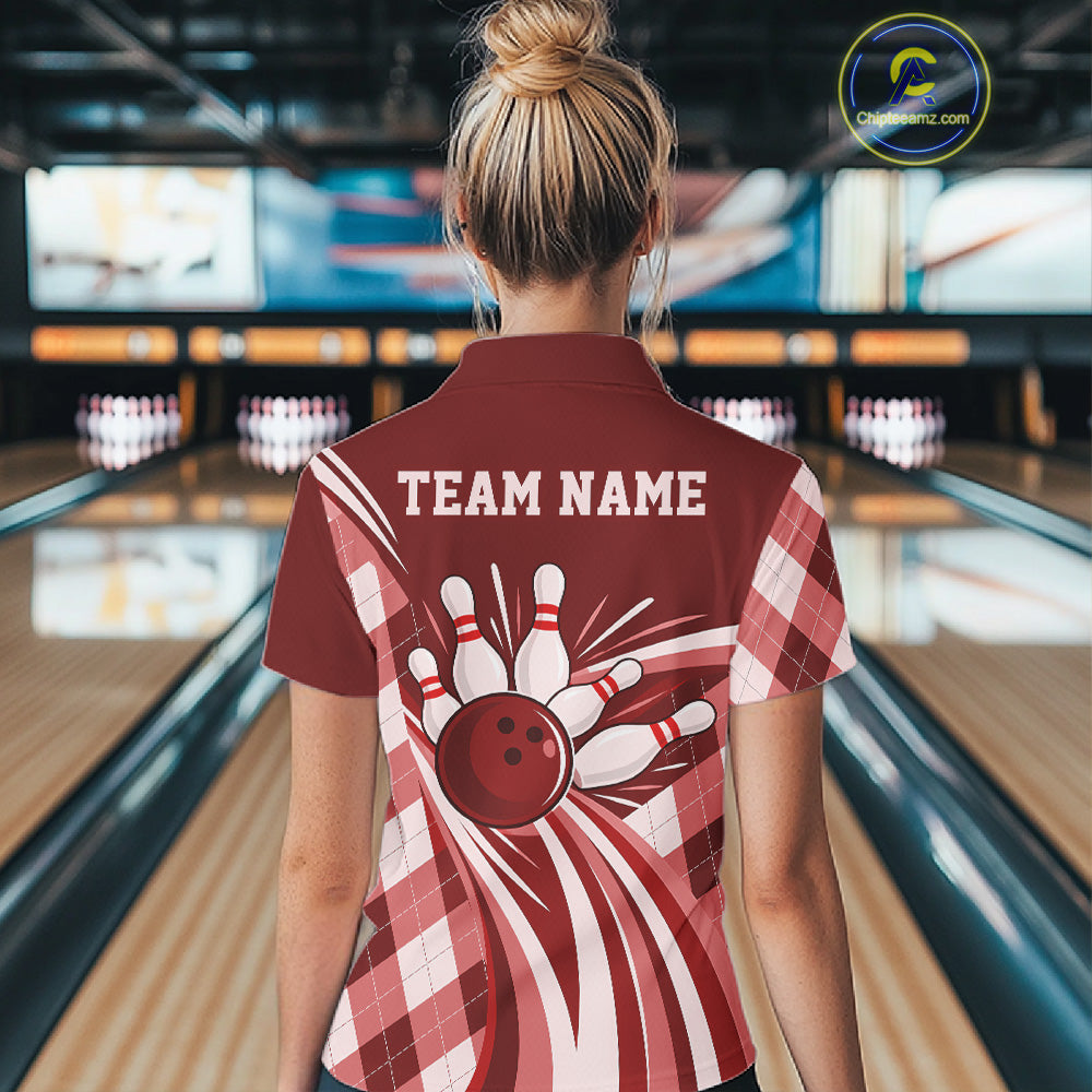 Custom Red Argyle Pattern Retro Bowling Women Quarter-Zip Shirt, Bowling League Shirt IPHW12371
