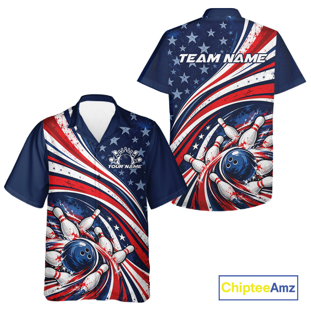 Custom Patriotic US Flag Bowling League Men And Women Button Up Shirt, American Flag Bowling Team Jerseys IPHW12384
