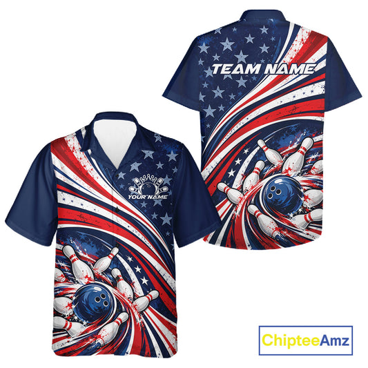 Custom Patriotic US Flag Bowling League Men And Women Button Up Shirt, American Flag Bowling Team Jerseys IPHW12384