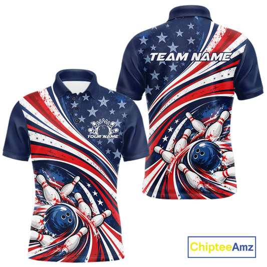 Custom Patriotic US Flag Bowling League Men Polo Shirt, American Flag Bowling Team Jerseys IPHW12384
