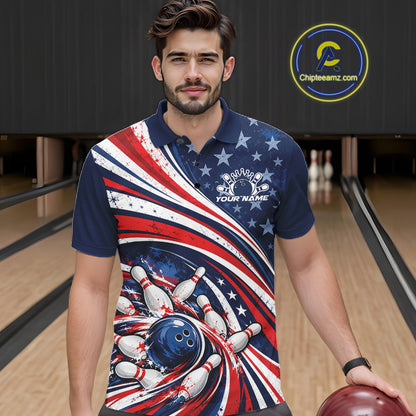 Custom Patriotic US Flag Bowling League Men Polo Shirt, American Flag Bowling Team Jerseys IPHW12384