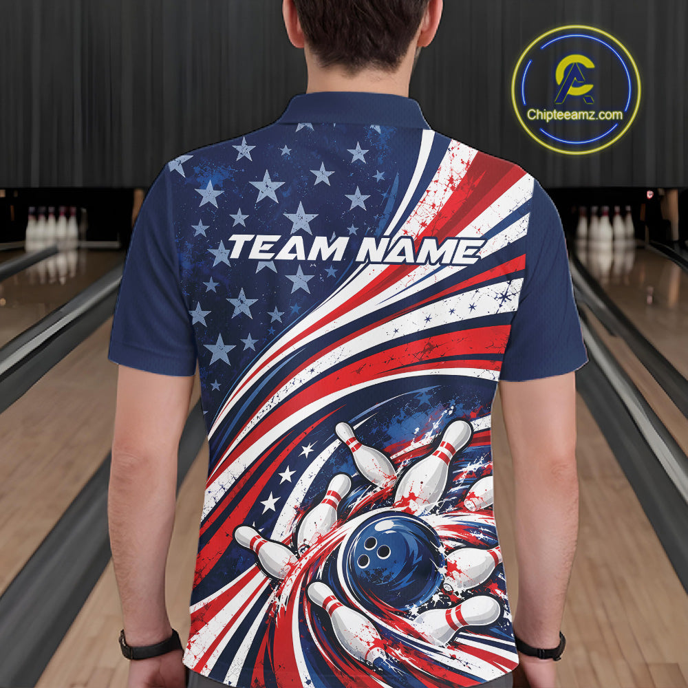 Custom Patriotic US Flag Bowling League Men Polo Shirt, American Flag Bowling Team Jerseys IPHW12384