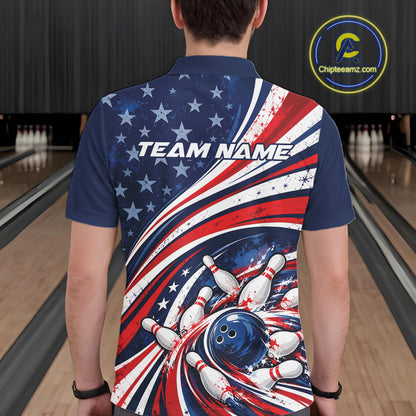 Custom Patriotic US Flag Bowling League Men Polo Shirt, American Flag Bowling Team Jerseys IPHW12384