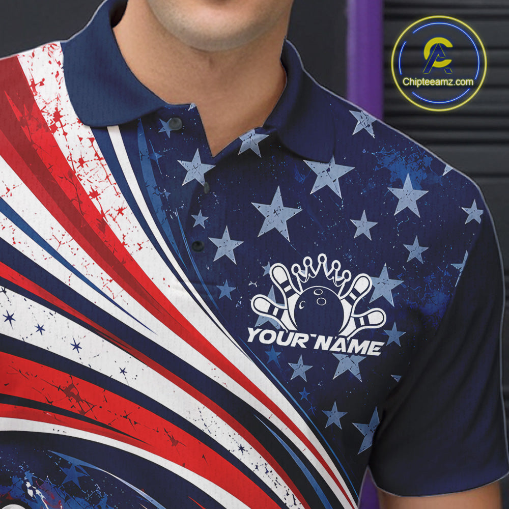 Custom Patriotic US Flag Bowling League Men Polo Shirt, American Flag Bowling Team Jerseys IPHW12384