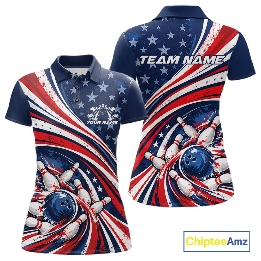 Custom Patriotic US Flag Bowling League Women Polo Shirt, American Flag Bowling Team Jerseys IPHW12384