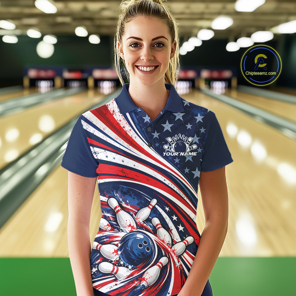 Custom Patriotic US Flag Bowling League Women Polo Shirt, American Flag Bowling Team Jerseys IPHW12384