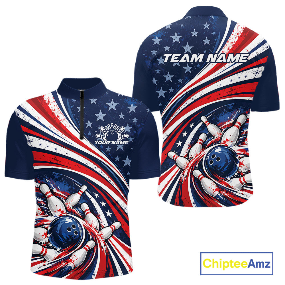 Custom Patriotic US Flag Bowling League Men Quarter Zip Shirt, American Flag Bowling Jerseys IPHW12384