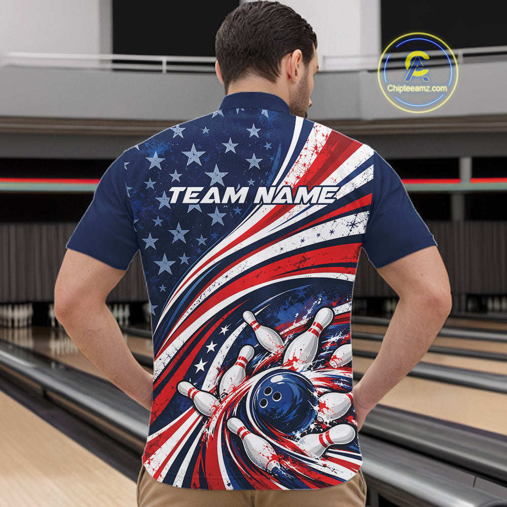 Custom Patriotic US Flag Bowling League Men Quarter Zip Shirt, American Flag Bowling Jerseys IPHW12384
