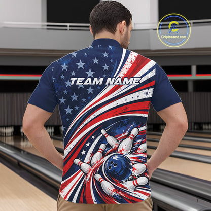Custom Patriotic US Flag Bowling League Men Quarter Zip Shirt, American Flag Bowling Jerseys IPHW12384