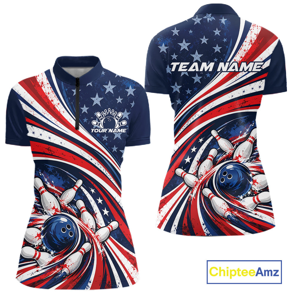 Custom Patriotic US Flag Bowling League Women Quarter-Zip Shirt, American Bowling Jersey IPHW12384
