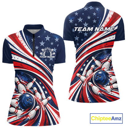 Custom Patriotic US Flag Bowling League Women Quarter-Zip Shirt, American Bowling Jersey IPHW12384