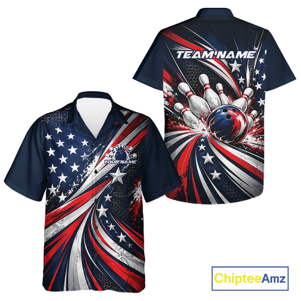 Personalized Patriotic Bowling Jerseys, US Flag Bowling League Button Up Shirt For Men And Women IPHW12385