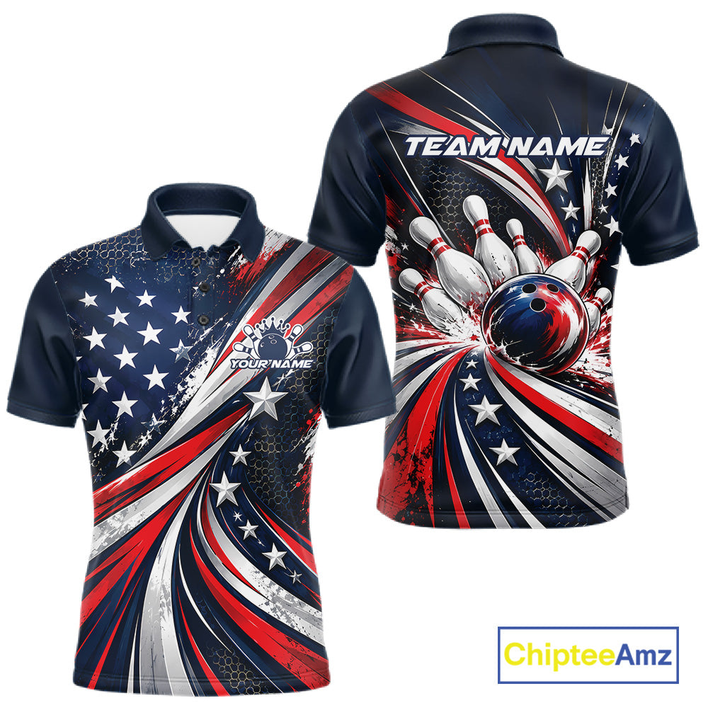 Personalized Patriotic Bowling Jerseys, US Flag Bowling League Polo Shirt For Men IPHW12385