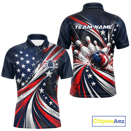 Personalized Patriotic Bowling Jerseys, US Flag Bowling League Polo Shirt For Men IPHW12385