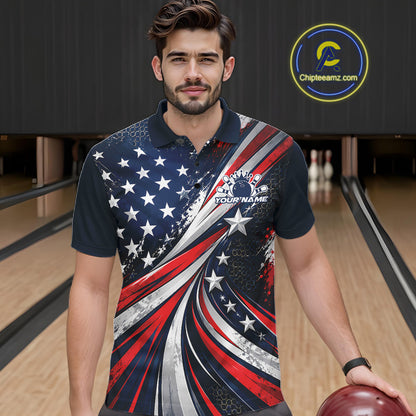Personalized Patriotic Bowling Jerseys, US Flag Bowling League Polo Shirt For Men IPHW12385