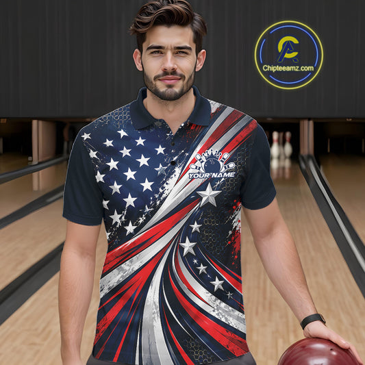 Personalized Patriotic Bowling Jerseys, US Flag Bowling League Polo Shirt For Men IPHW12385