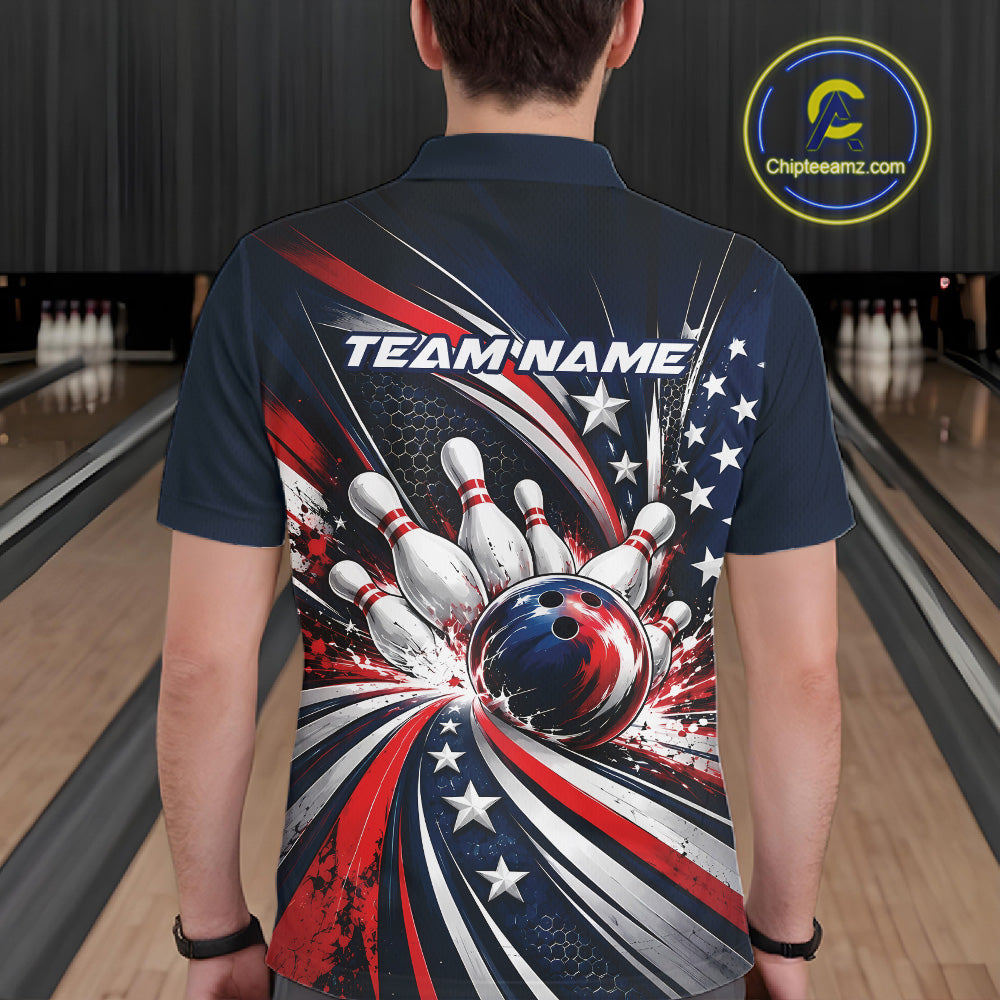 Personalized Patriotic Bowling Jerseys, US Flag Bowling League Polo Shirt For Men IPHW12385