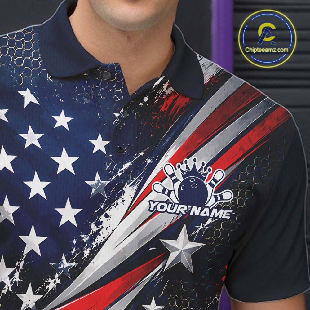 Personalized Patriotic Bowling Jerseys, US Flag Bowling League Polo Shirt For Men IPHW12385