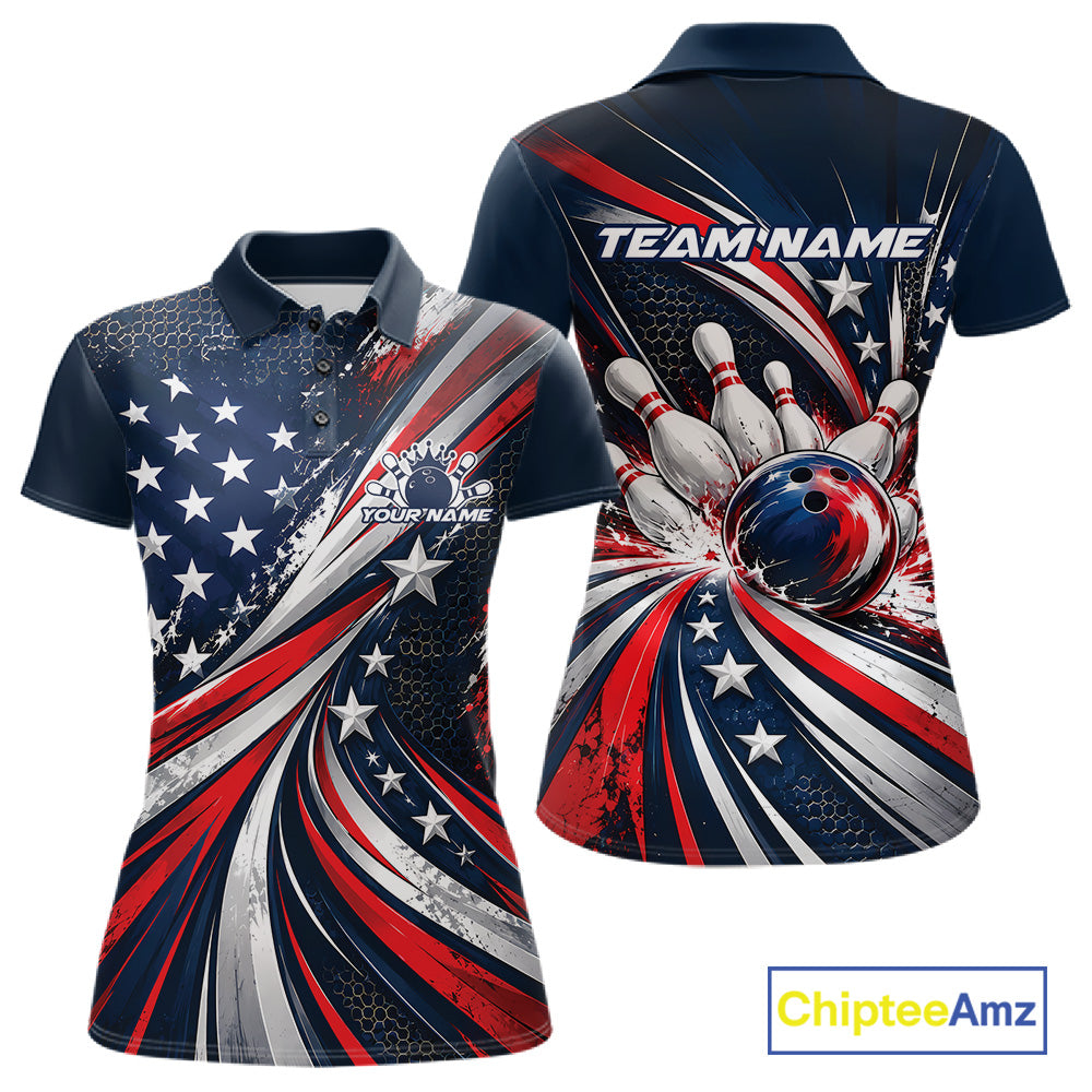 Personalized Patriotic Bowling Jerseys, US Flag Bowling League Polo Shirt For Women IPHW12385