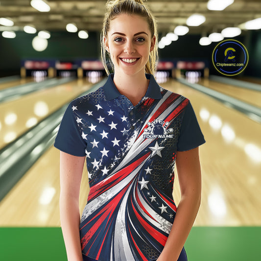 Personalized Patriotic Bowling Jerseys, US Flag Bowling League Polo Shirt For Women IPHW12385