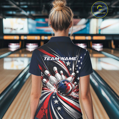 Personalized Patriotic Bowling Jerseys, US Flag Bowling League Polo Shirt For Women IPHW12385