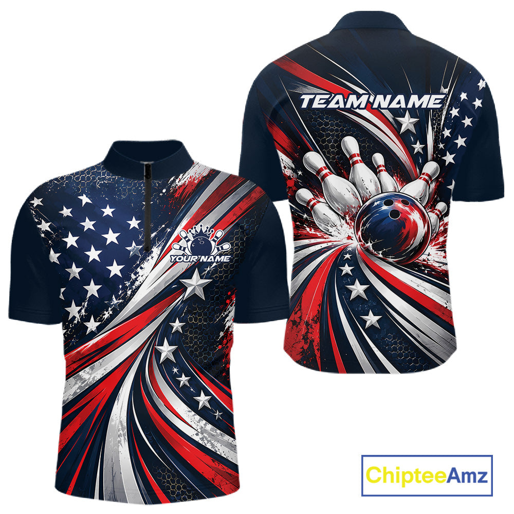 Personalized Patriotic Bowling Jerseys, US Flag Bowling League Quarter Zip Shirt For Men IPHW12385
