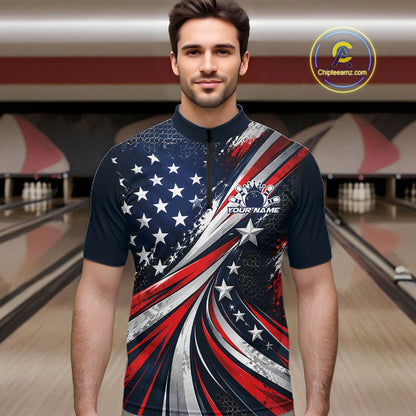 Personalized Patriotic Bowling Jerseys, US Flag Bowling League Quarter Zip Shirt For Men IPHW12385